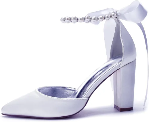 Vista 3 de Zapatos de boda blancos perla para novia de tacón alto puntiagudo zapatos de novia tacones de bloque de satén vestido de fiesta sandalias