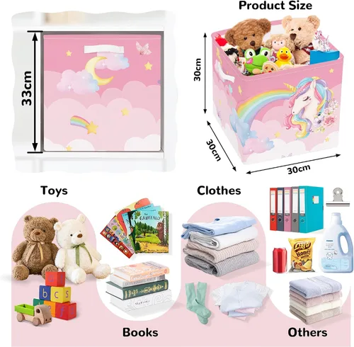 Vista 2 de Clastyle Juego de cestas de almacenamiento plegables de unicornio rosa para niños, organizador de ropa, cuarto de bebé, juguetes para niñas, estante