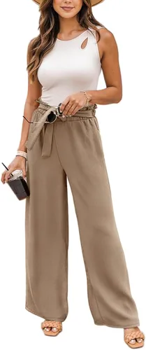 Vista 5 de NIMIN Pantalones de pierna ancha para mujer, cintura alta, pantalones casuales de negocios, pantalones de trabajo, pantalones sueltos y fluidos