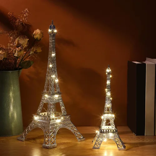 Vista 7 de DoubleFill Estatua de la Torre Eiffel de metal de 10 y 15 pulgadas, modelo de torre Eiffel, decoración temática de Pari con 2 cuerdas de luz