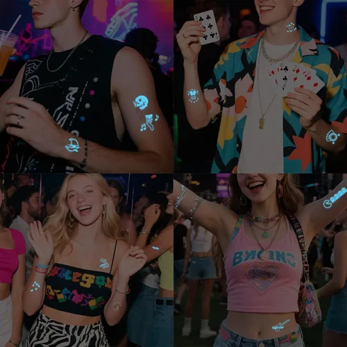 Vista 4 de 56 diseños que brillan en la oscuridad tatuajes (10 hojas) – Tatuajes temporales luminiscentes azules, suministros de fiesta brillantes para fiestas