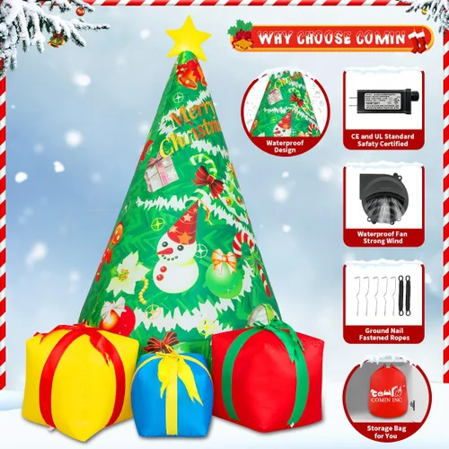 Vista 6 de COMIN - Árbol de Navidad inflable de 2.1 m para decoración al aire libre, caja de regalo, inflable con LED integrados para fiesta en interiores