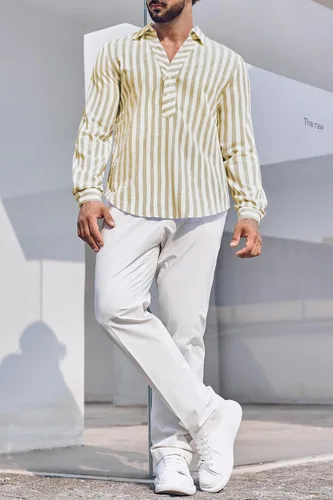 Vista 4 de Makkrom Camisa Henley de algodón para hombre, a rayas, manga larga, hippie, casual, para verano y playa
