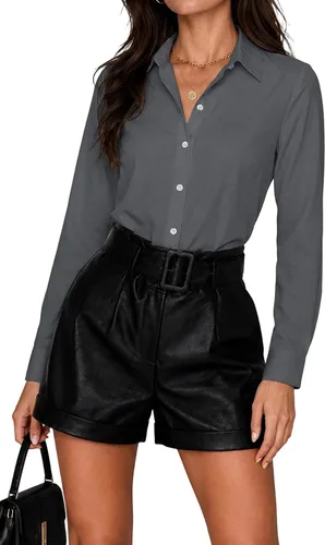 Vista 19 de Blusas de negocios para mujer, de manga larga, sin arrugas, con botones, ajuste clásico, cuello para el trabajo y la oficina