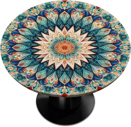 Vista 46 de Pardick Mantel redondo ajustable con diseño de flores color verde azulado, con diseño de mandala, con elástico, impermeable, lavable
