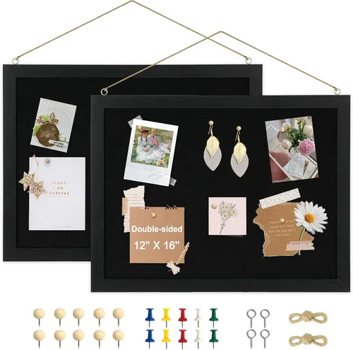 Vista 13 de Tablero de corcho de doble cara con lino, tablero de anuncios pequeño con marco de madera colgante de 12 x 12 pulgadas, kit de tablero de visión