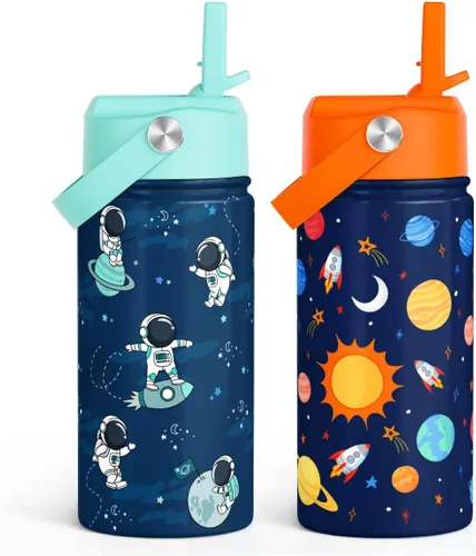 Vista 21 de SANDJEST Botella de agua para niños con tapa con pajilla, botellas de agua de acero inoxidable con aislamiento del alfabeto de 12 onzas para niños