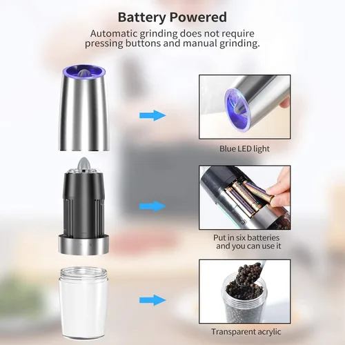 Vista 5 de Juego de 2 molinillos eléctricos de sal y pimienta, molinillo automático de sal y pimienta, rugosidad ajustable, funciona con pilas con luz LED
