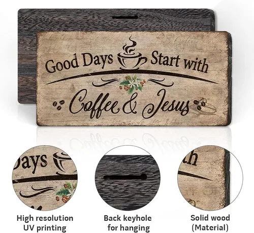 Vista 2 de Letrero de placa de madera rústica, decoración de pared con texto en inglés "Good Days Start with Coffee and Jesus", accesorios de barra de café