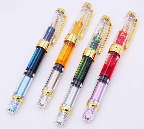 Vista 5 de erofa 【Actualizado】 Juego de 4 plumas estilográficas Yongsheng 3008 con pistón transparente con borde dorado extra fino de 0.015 in, bolígrafo