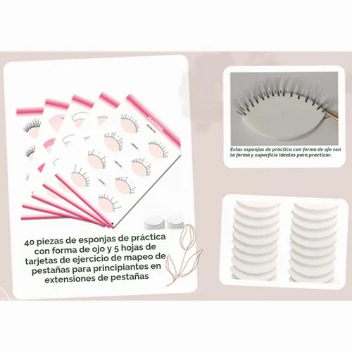 Vista 5 de 20 esponjas de práctica en forma de ojos y 5 hojas de tarjetas de ejercicio de mapeo de pestañas para principiantes de pestañas suministros