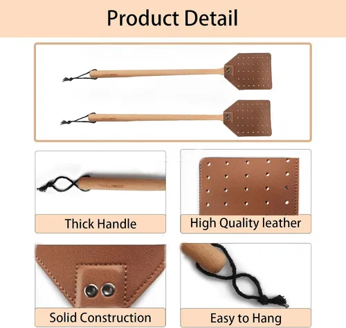 Vista 4 de DEBETOOL Juego de matamoscas – Paquete de 2 matamoscas de cuero de madera con cuerda para colgar, matamoscas resistente para interiores y exteriores