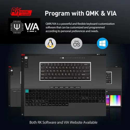 Vista 7 de RK ROYAL KLUDGE RK61 Teclado mecánico con cable 60% para juegos programable QMKVIA RGB retroiluminado 61 teclas ultra compacto intercambiable