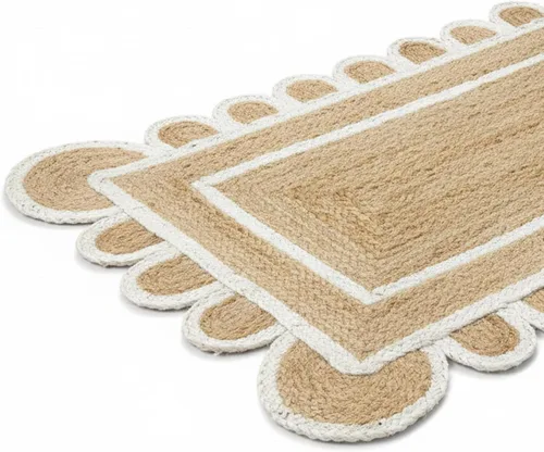 Vista 6 de Alfombra festoneada de yute natural, base natural con ribete blanco hueso, alfombra bohemia de granja hecha a mano con respaldo antideslizante