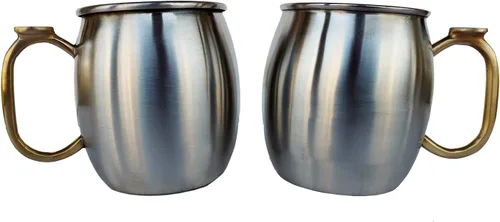 Vista 5 de Rastogi Handicrafts Juego de 4 tazas de acero inoxidable Moscow Mule de capacidad de 16 onzas, mango de latón para pulgar, taza de café frío, taza