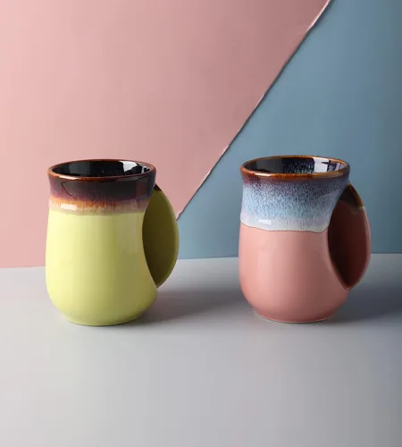 Vista 2 de Selamica - Taza de porcelana de 18 onzas con calentador de manos para diestros, taza de café, taza de té para familiares y pareja - Azul