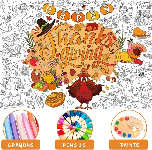 Vista 3 de HOWAF Póster para colorear con 24 bolígrafos de pintura, cartel gigante para colorear con texto en inglés "Give Thank Things", mantel gigante
