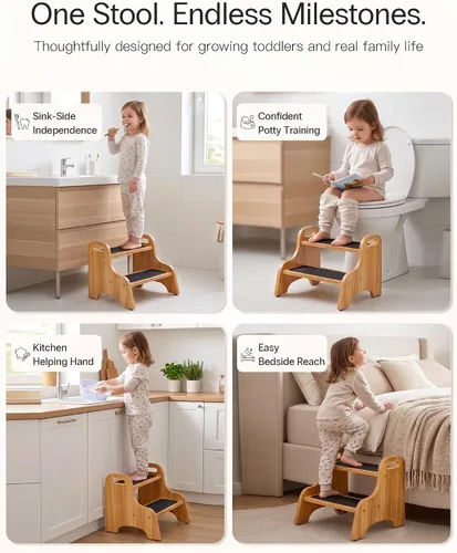 Vista 6 de StrongTek Paquete de 2 taburetes de madera de 2 escalones para niños y adultos, superficie antideslizante, almohadillas antideslizantes para pies