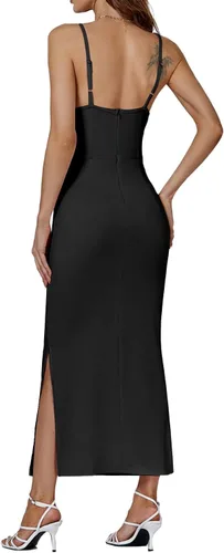 Vista 6 de LYANER Vestido midi de fiesta con tirantes delgados y abertura dividida sin mangas, cuello en V y cremallera