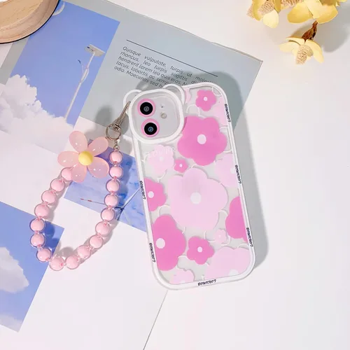 Vista 2 de NITITOP Funda compatible con iPhone 11, lente de cámara transparente con diseño de oso floral y cadena de pulsera de flores para mujeres y niñas