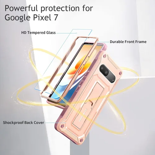Vista 2 de URBANITE Funda protectora resistente a prueba de golpes para Google Pixel 7, de grado militar, con protector de pantalla y soporte (rosa)