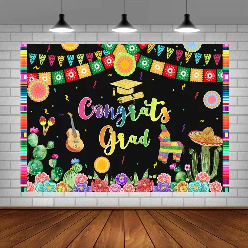 Vista 4 de Telón de fondo mexicano de 7 x 5 pies, decoración de fiesta de graduación mexicana 2022, abanicos de papel, flores, fotografía, fondo de tela