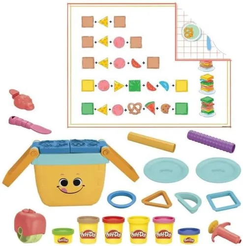 Vista 2 de Play-Doh Juego de iniciación de formas de pícnic, kit de artes y manualidades preescolares con herramientas temáticas de picnic y 6 tinas, juguetes