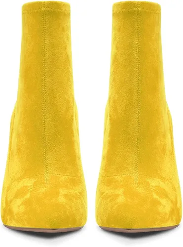 Vista 4 de Aachcol Botas de tobillo para mujer tacón alto punta puntiaguda botas elásticas clásicas de 4 pulgadas