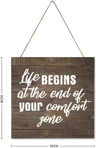 Vista 2 de PEALRICH Letrero colgante de madera con cita motivacional "Life Begins At The End Of Your Comfort Zone", placa artística para decoración de pared
