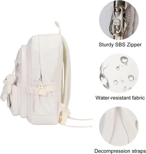 Vista 5 de Phaoullzon Mochila Kawaii para niñas, mochila escolar linda de anime con alfileres y colgante, Beige, Mediana, Moderno