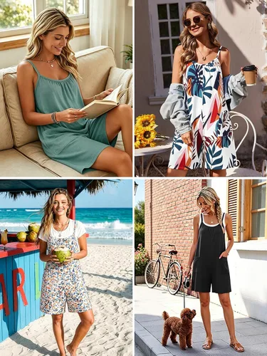 Vista 5 de Vigorics Enterizo casual para mujer, sin mangas, con tirantes ajustables, pantalones cortos, overoles elásticos con bolsillos Negro