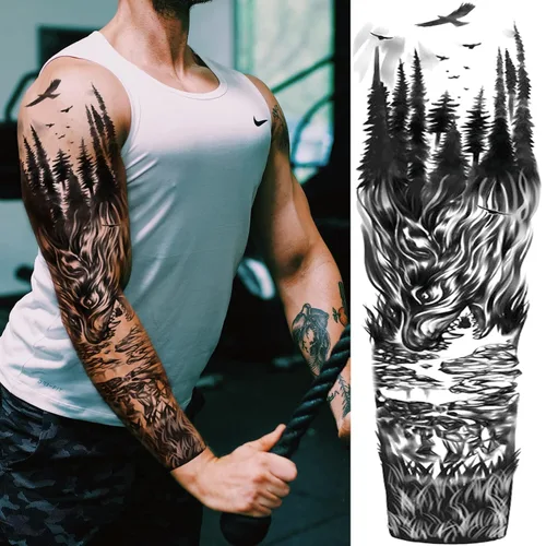Vista 2 de Adhesivos de manga de tatuajes falsos de lobo león, brazo completo, dragón animal, tribal, mangas temporales de tatuaje para hombres, mujeres