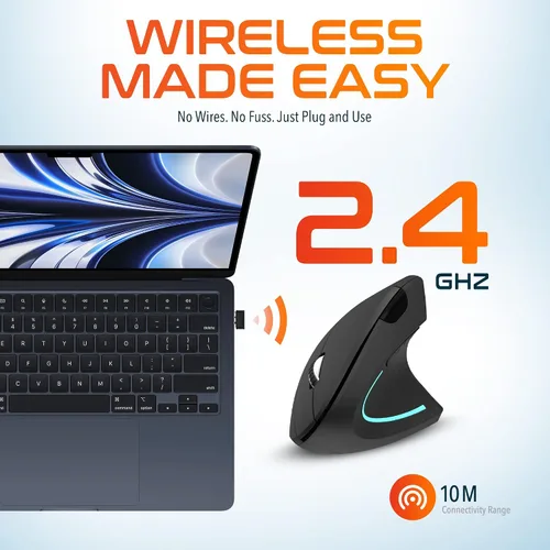 Vista 4 de Delton Ratón inalámbrico vertical ergonómico, dongle USB de 2.4 GHz, 6 botones, 3 niveles de DPI ajustables (800/1200/2400), funciona con pilas AA