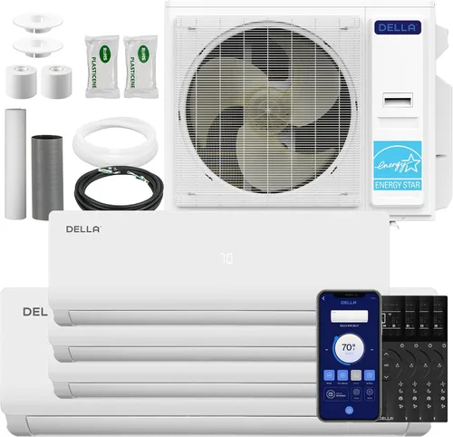 Vista 13 de DELLA 35K BTU 4 Zone Mini Split AC (4x9K), 19 SEER2, kits de 16 pies Blanco con juego de línea