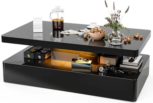 Vista 8 de Mesa de centro LED moderna, mesa de centro negra de alto brillo con luces LED de 16 colores, rectangular, 43.3 x 23.6 x 15.4 pulgadas Negro