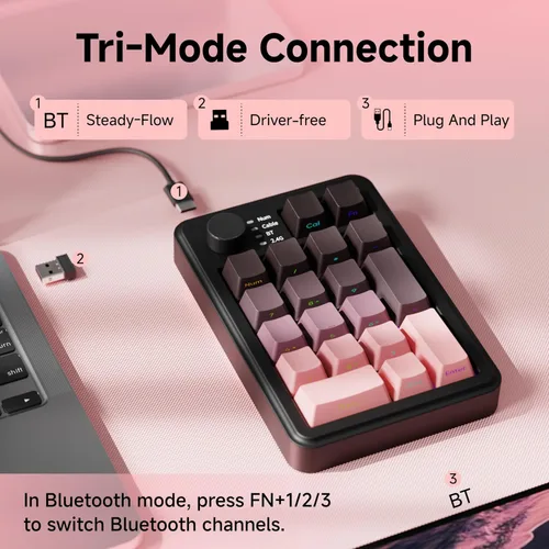 Vista 3 de EWEADN NK20 - Numpad mecánica inalámbrica retro con perilla, Bluetooth2.4GHzUSB-C conecta con retroiluminación RGB, almohadilla numérica