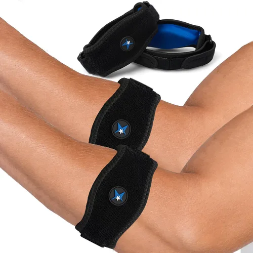 Vista 8 de RiptGear Codera de tenis para mujeres y hombres, codera para tendinitis y codo de tenista, correa para el codo para aliviar el dolor de tendón, Azul