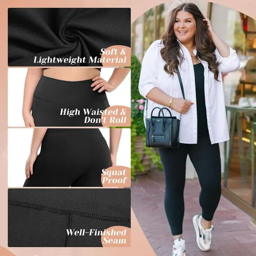 Vista 3 de HLTPRO Leggings con forro polar de talla grande para mujer con bolsillos, pantalones de yoga de cintura alta térmicos negros para entrenamiento