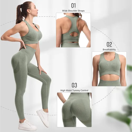 Vista 4 de JOJOANS Conjunto de entrenamiento de 2 piezas sin costuras para yoga leggings de cintura alta con brasier deportivo conjuntos de ropa de gimnasio