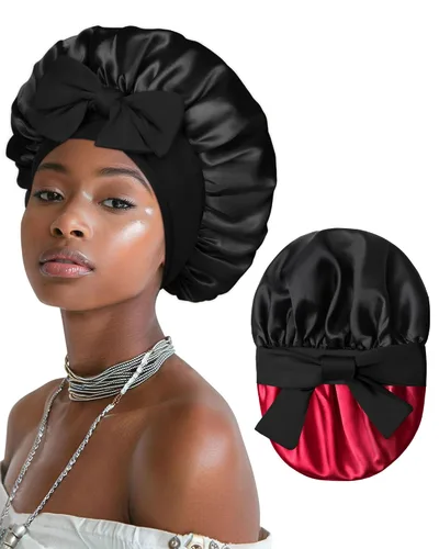 Vista 24 de Gorro de satén para mujeres, gorros de seda para dormir, gorro para cabello rizado con banda elástica con lazo, reversible de doble capa, gorro