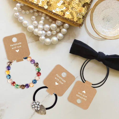 Vista 6 de joycraft 100 tarjetas autoadhesivas para pulseras, papel kraft hecho a mano con tarjetas en blanco de amor, embalaje de joyería para vender