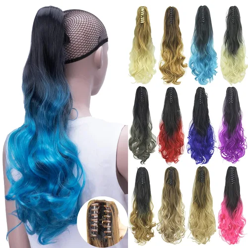 Vista 10 de IMISSU Extensiones de cabello rizado con pinza de color degradado, cola de caballo con clip (rubio degradado)
