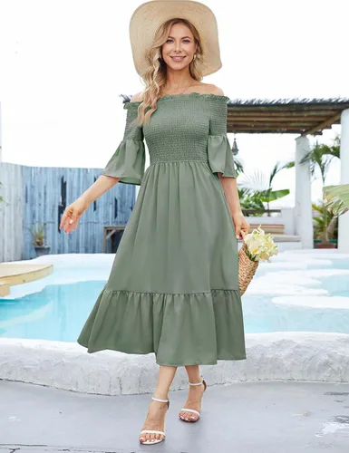 Vista 2 de DRESSTELLS Women Casual Dresses, Summer Smocked Maxi Dresses 2023 Trendy, Off Shoulder Boho Sundress