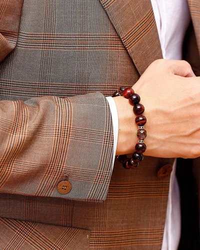 Vista 6 de Jewever Pulseras de cristal de cuarzo ahumado natural con ojo de tigre rojo para hombres y mujeres, amuleto sanador energético, trae riqueza