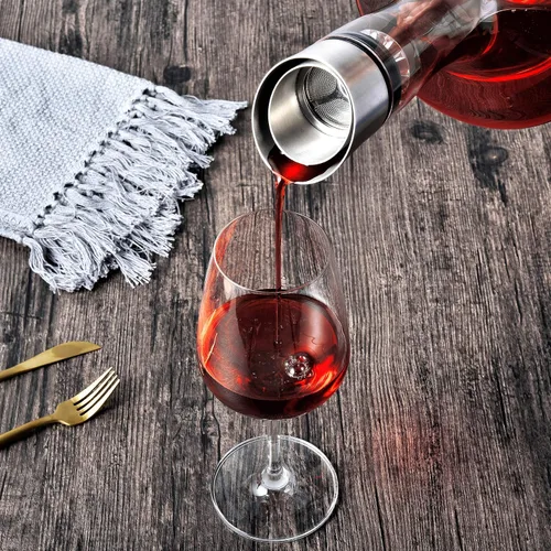 Vista 4 de Decantador de vino con aireador integrado, jarra de vino, decantador de vino tinto, vidrio de cristal 100% sin plomo, aireador de mano de vino
