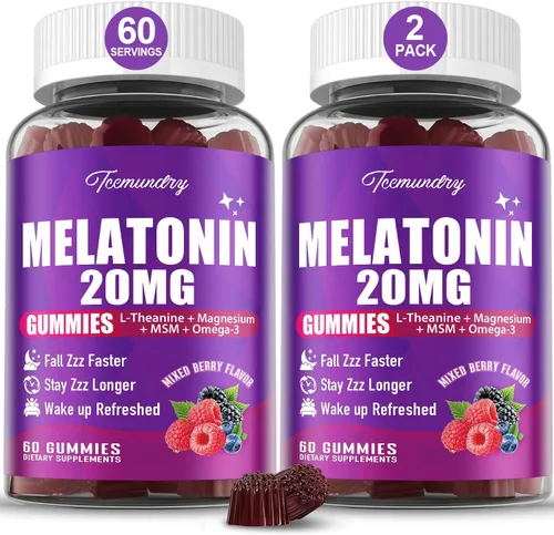 Vista 7 de Gomitas de melatonina de 20 mg para adultos, gomitas de melatonina de máxima fuerza con L-teanina, omega-3, D3 y zinc, sin hábito, veganas, sin OMG