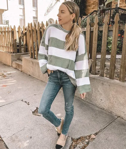 Vista 9 de ZESICA - Suéter tejido sin botones de manga larga y cuello redondo para mujer, a rayas, bloques de color, cómodo, holgado, talla extragrande