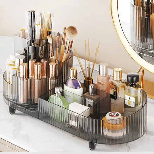 Vista 11 de COMFYROOM Organizador de maquillaje para tocador con soporte para brochas, organizador de maquillaje cosmético de 3 capas, organizador de maquillaje
