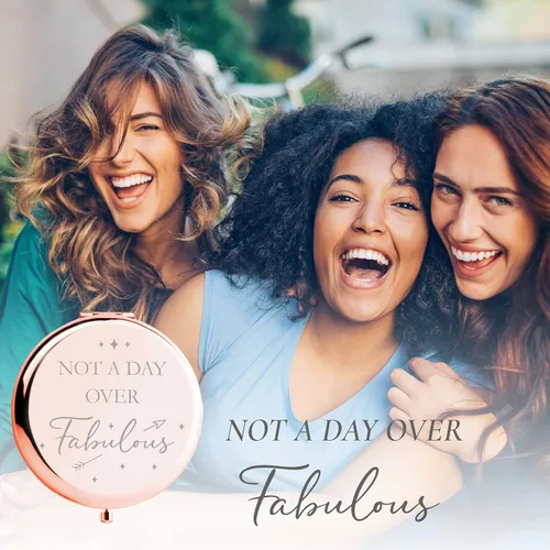 Vista 3 de Regalos de cumpleaños para mujer, espejo compacto de oro rosa con texto en inglés "Not a Day Over Fabulous", ideas de regalo de cumpleaños