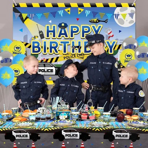 Vista 6 de KEFAN Decoraciones de fiesta de cumpleaños de policía, suministros de vajilla para fiestas temáticas de policía, incluyendo telón de fondo de feliz